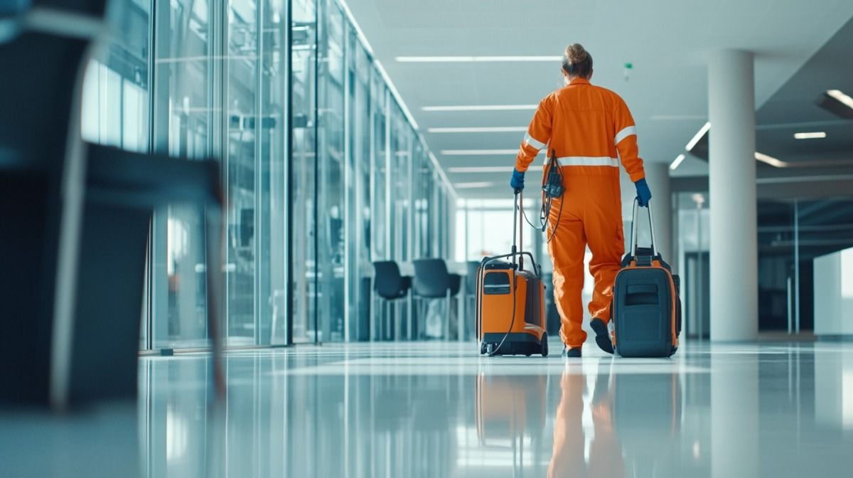 Left Field Leads hallway cleaning — a technician in an orange jumpsuit pulling equipment cases down a bright, polished corridor